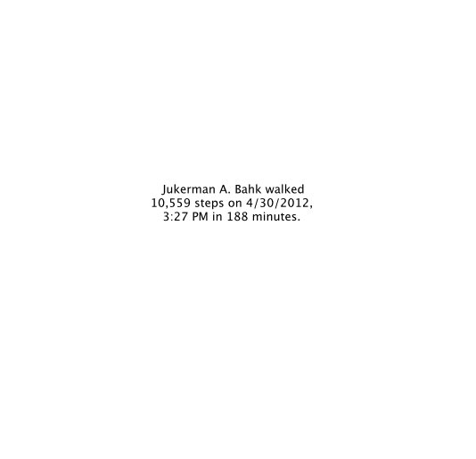 View Jukerman A. Bahk walked 10,559 steps on 4/30/2012, 3:27 PM in 188 minutes. by Andreas Schmidt