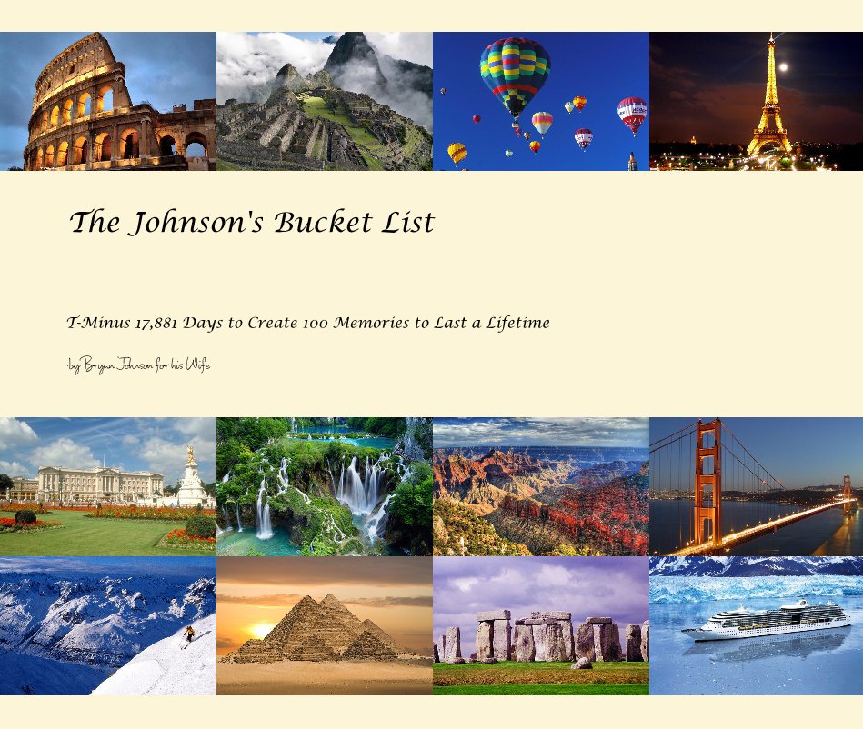 View The Johnson's Bucket List by Bryan Johnson for his Wife