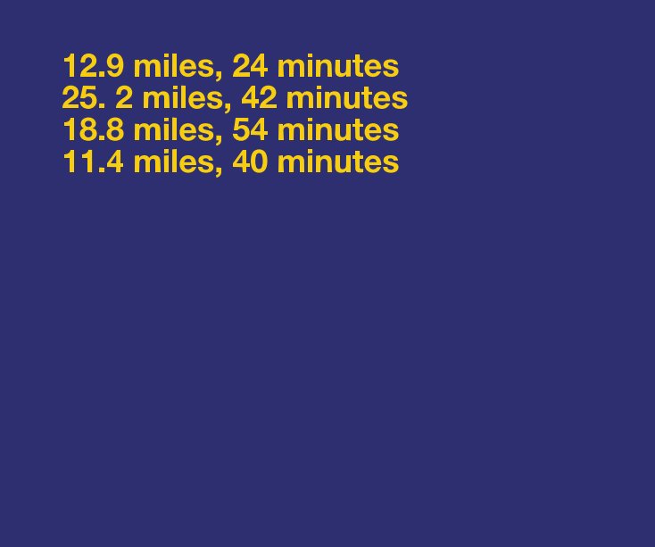 12.9 miles, 24 minutes 25. 2 miles, 42 minutes 18.8 miles, 54 minutes 11.4 miles, 40 minutes nach Stephan Apicella-Hitchcock & Anibal J Pella-Woo anzeigen