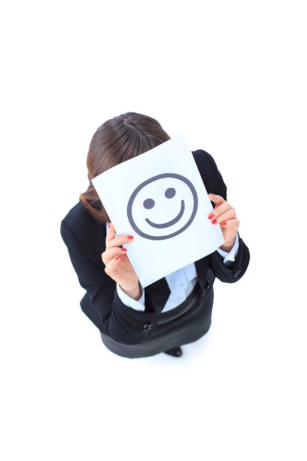 View Young Business Woman Hiding behind a Smiley Face by Sophie Weil